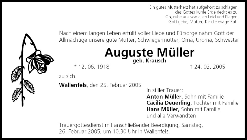  Traueranzeige für Auguste Müller vom 25.02.2005 aus MGO