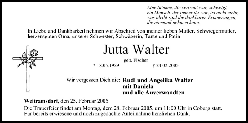  Traueranzeige für Jutta Walter vom 25.02.2005 aus MGO