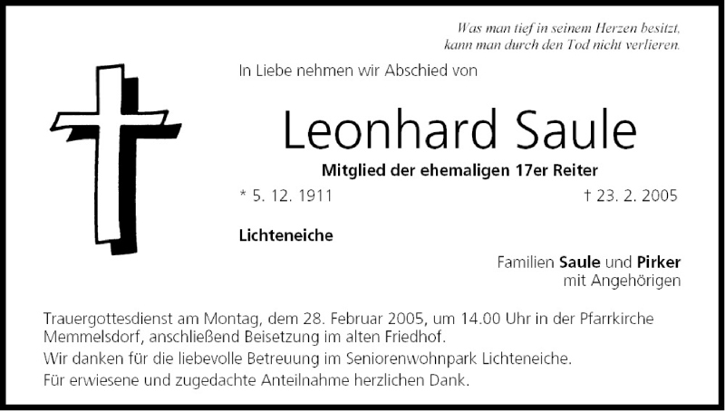  Traueranzeige für Leonhard Saule vom 25.02.2005 aus MGO