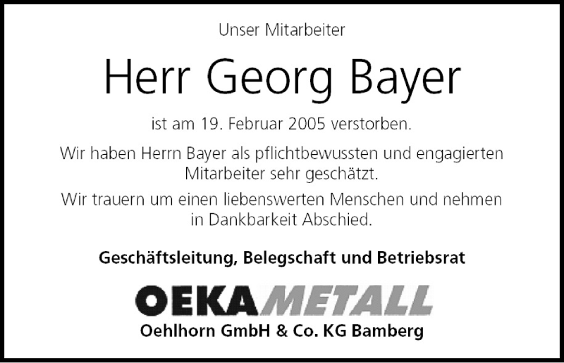  Traueranzeige für Georg Bayer vom 25.02.2005 aus MGO