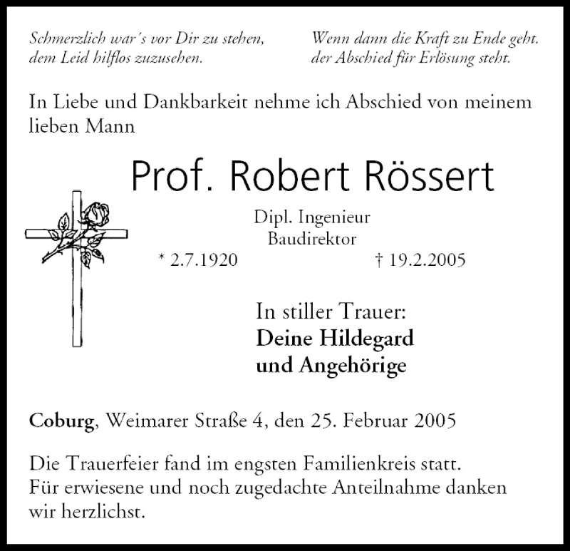  Traueranzeige für Robert Rössert vom 25.02.2005 aus MGO