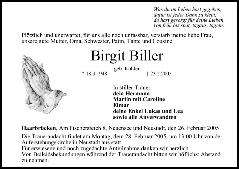  Traueranzeige für Birgit Biller vom 26.02.2005 aus MGO