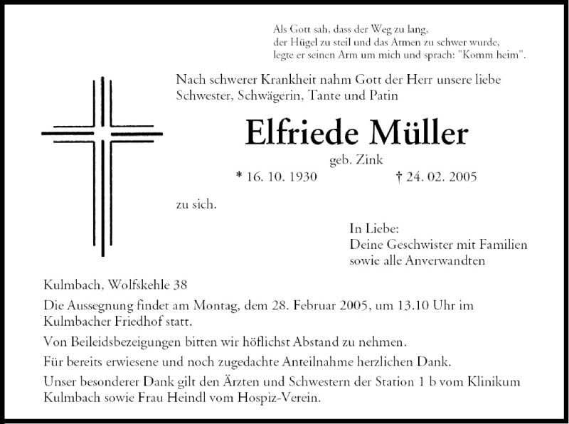  Traueranzeige für Elfriede Müller vom 26.02.2005 aus MGO