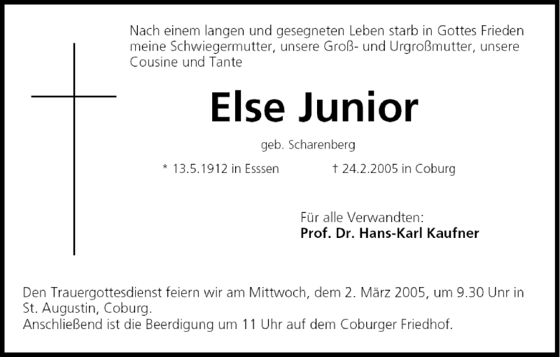  Traueranzeige für Else Junior vom 26.02.2005 aus MGO