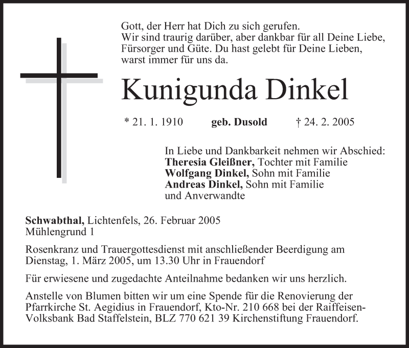  Traueranzeige für Kunigunda Dinkel vom 26.02.2005 aus MGO