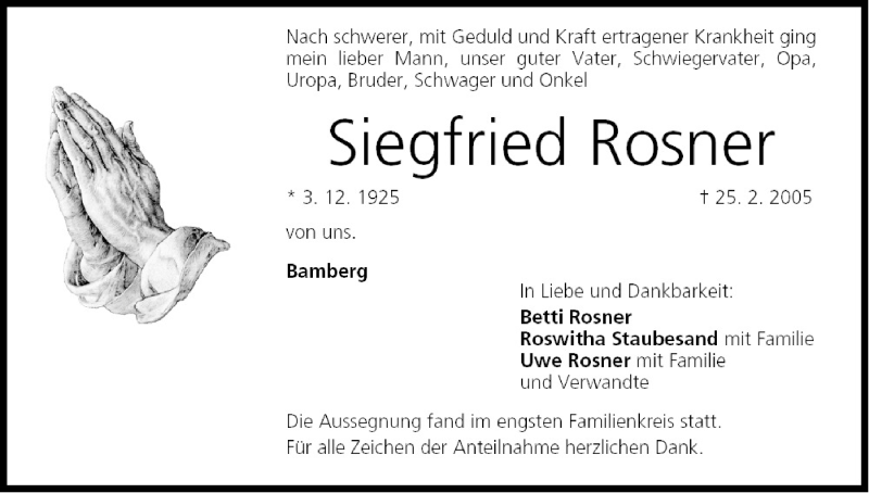  Traueranzeige für Siegfried Rosner vom 05.03.2005 aus MGO