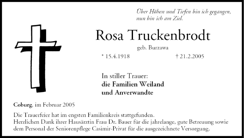  Traueranzeige für Rosa Truckenbrodt vom 01.03.2005 aus MGO