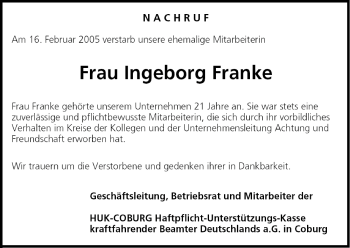 Anzeige von Ingeborg Franke von MGO