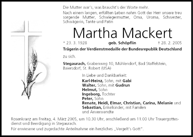  Traueranzeige für Martha Mackert vom 02.03.2005 aus MGO