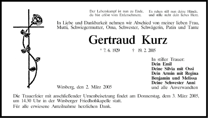  Traueranzeige für Gertraud Kurz vom 02.03.2005 aus MGO