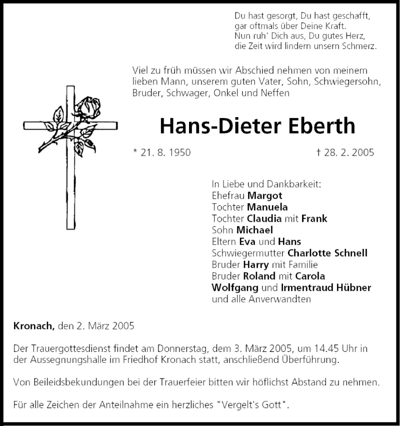  Traueranzeige für Hans-Dieter Eberth vom 02.03.2005 aus MGO
