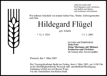 Anzeige von Hildegard Flügel von MGO