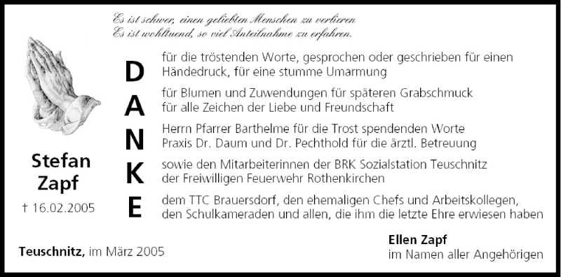  Traueranzeige für Stefan Zapf vom 05.03.2005 aus MGO