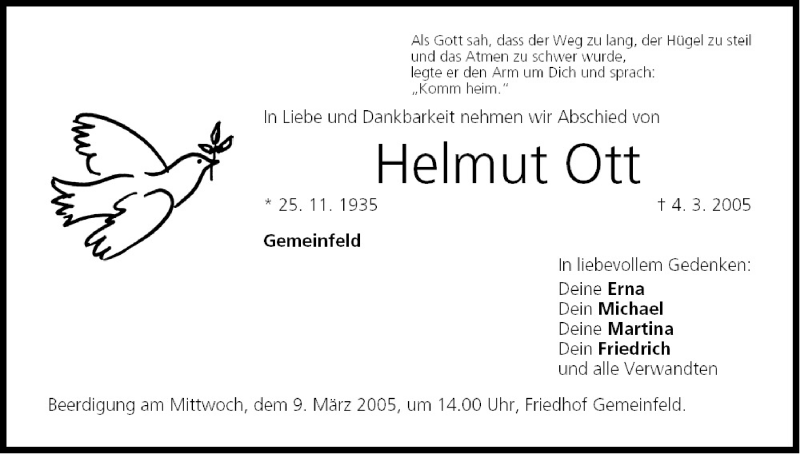  Traueranzeige für Helmut Ott vom 08.03.2005 aus MGO