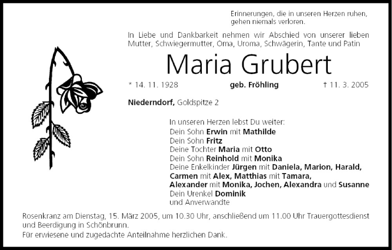  Traueranzeige für Maria Grubert vom 14.03.2005 aus MGO