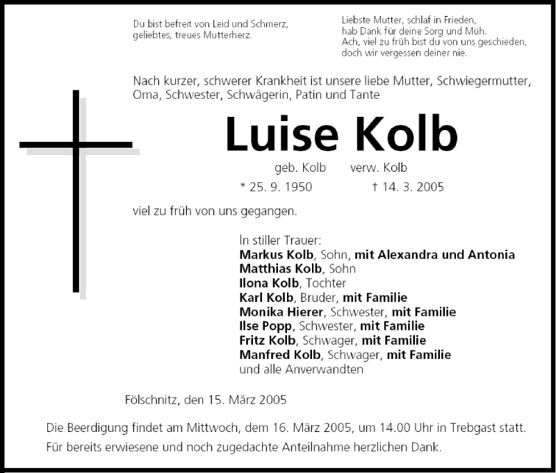  Traueranzeige für Luise Kolb vom 15.03.2005 aus MGO