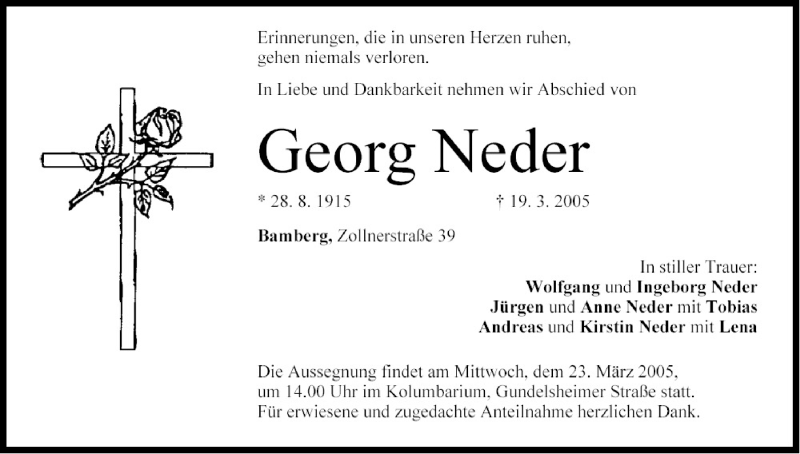  Traueranzeige für Georg Neder vom 22.03.2005 aus MGO