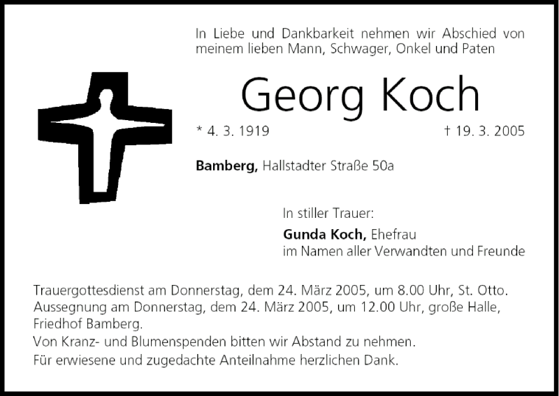  Traueranzeige für Georg Koch vom 22.03.2005 aus MGO