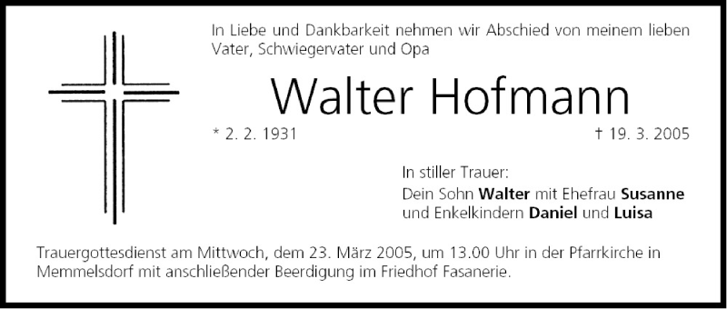  Traueranzeige für Walter Hofmann vom 22.03.2005 aus MGO