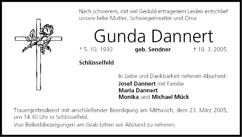  Traueranzeige für Gunda Dannert vom 22.03.2005 aus MGO
