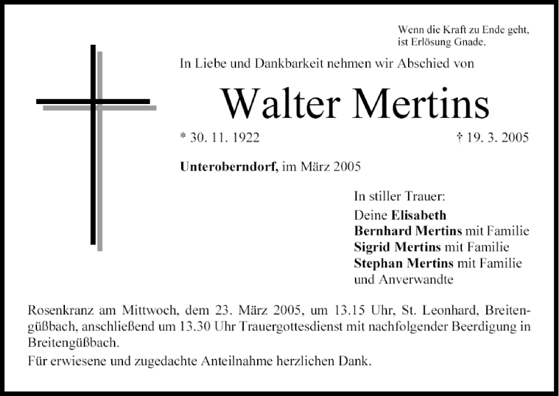  Traueranzeige für Walter Mertins vom 22.03.2005 aus MGO