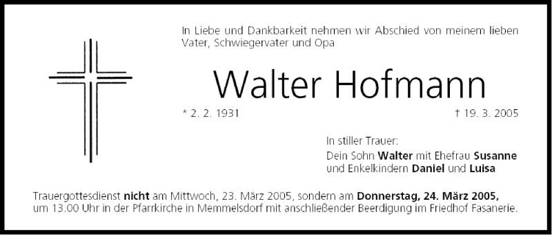  Traueranzeige für Walter Hofmann vom 23.03.2005 aus MGO