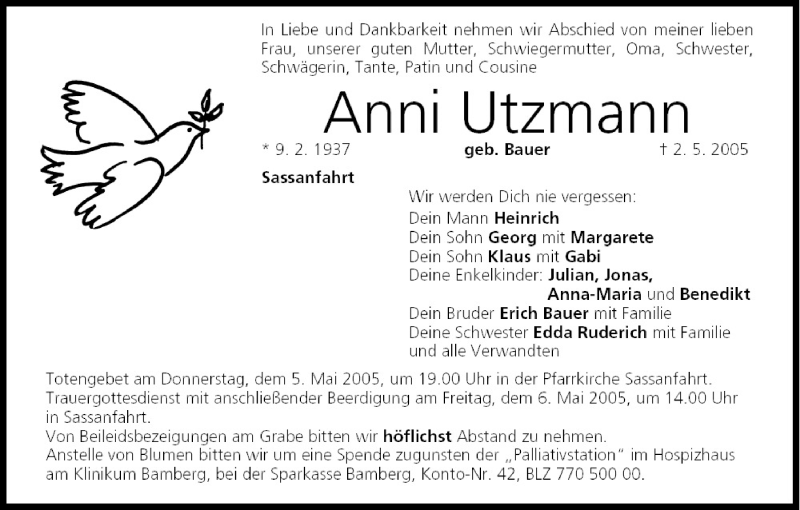  Traueranzeige für Anni Utzmann vom 04.05.2005 aus MGO