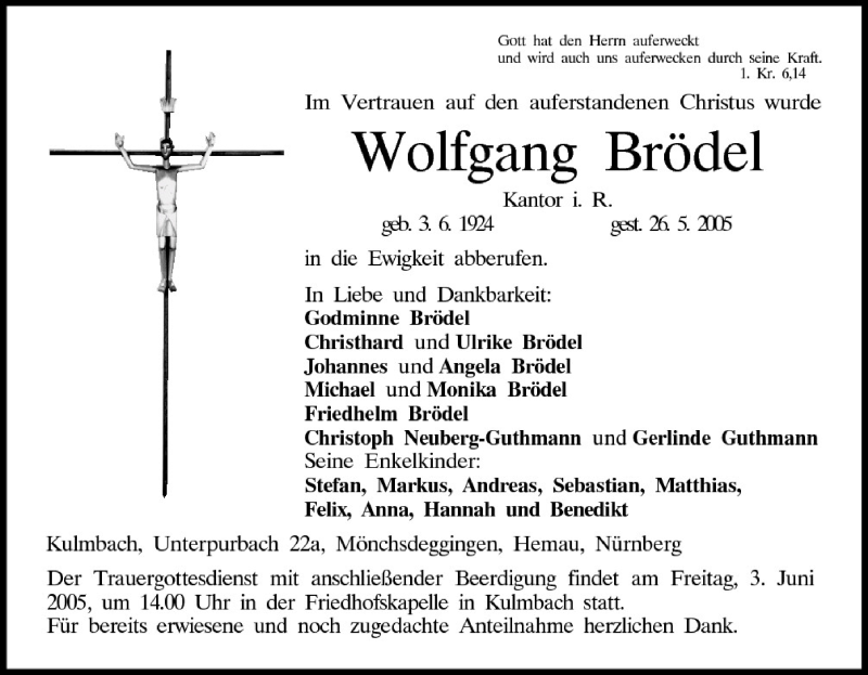  Traueranzeige für Wolfgang Brödel vom 31.05.2005 aus MGO
