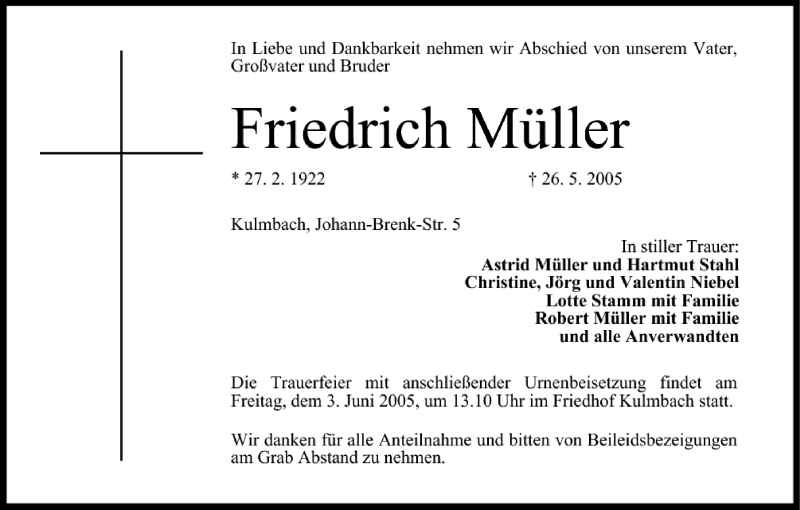  Traueranzeige für Friedrich Müller vom 31.05.2005 aus MGO