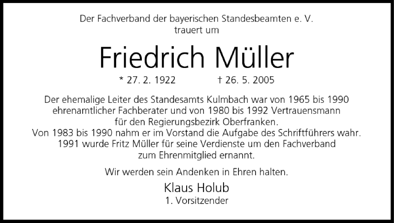  Traueranzeige für Friedrich Müller vom 02.06.2005 aus MGO