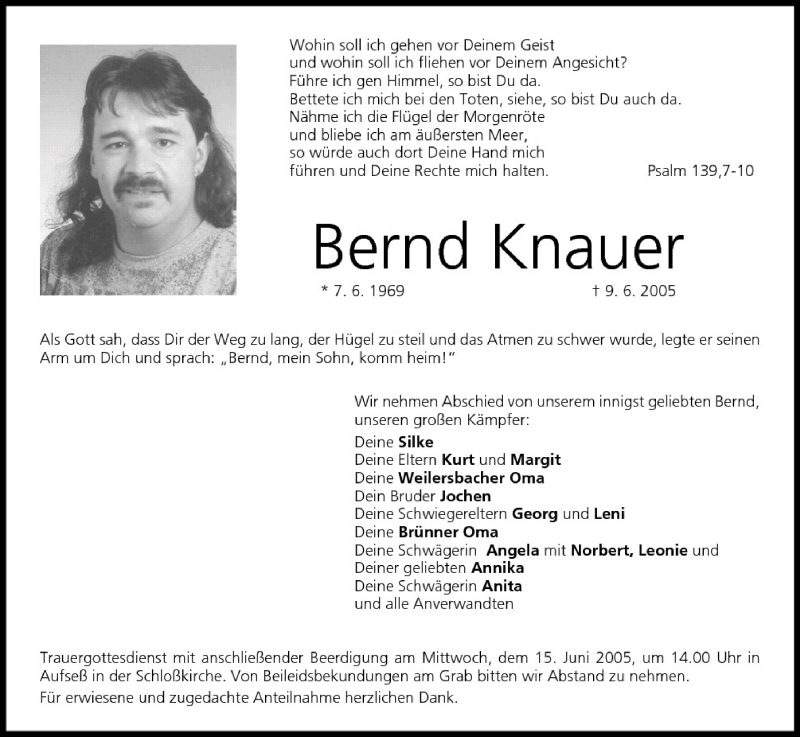  Traueranzeige für Bernd Knauer vom 13.06.2005 aus MGO