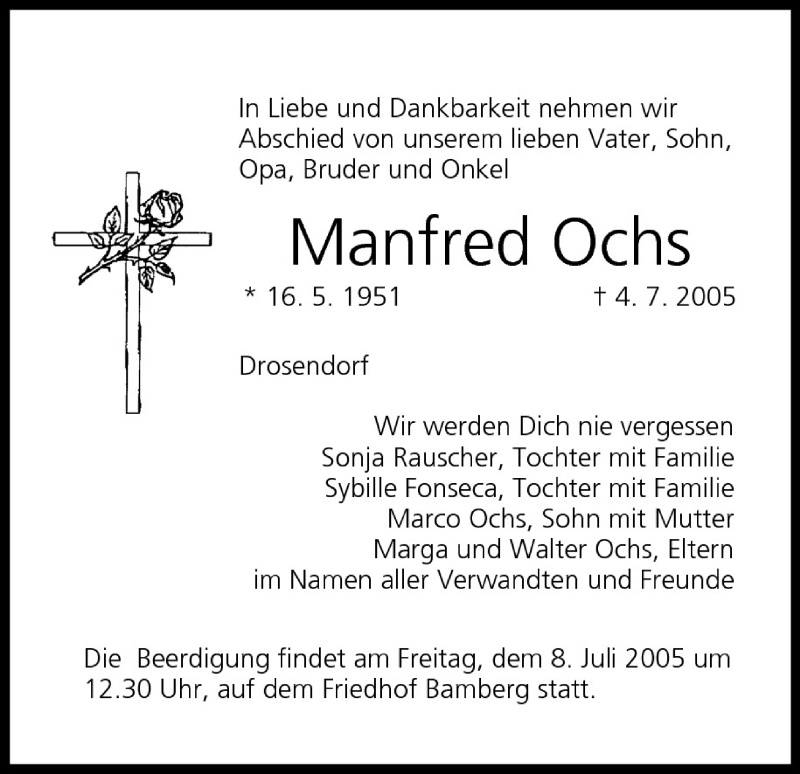  Traueranzeige für Manfred Ochs vom 07.07.2005 aus MGO
