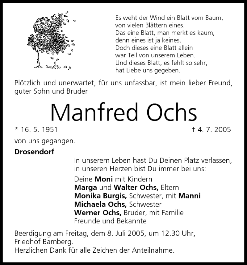  Traueranzeige für Manfred Ochs vom 08.07.2005 aus MGO