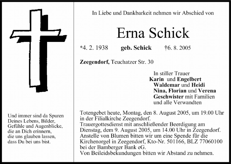  Traueranzeige für Erna Schick vom 08.08.2005 aus MGO