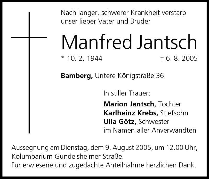  Traueranzeige für Manfred Jantsch vom 08.08.2005 aus MGO
