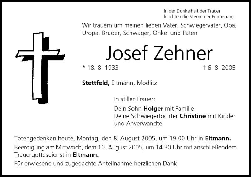  Traueranzeige für Josef Zehner vom 08.08.2005 aus MGO