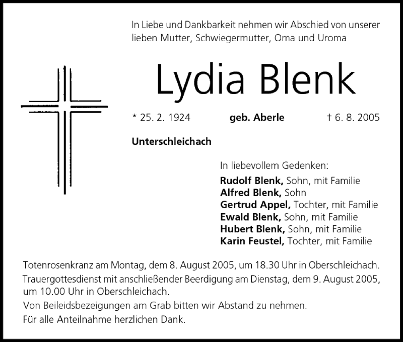  Traueranzeige für Lydia Blenk vom 08.08.2005 aus MGO