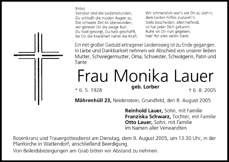 Traueranzeige für Monika Lauer vom 08.08.2005 aus MGO