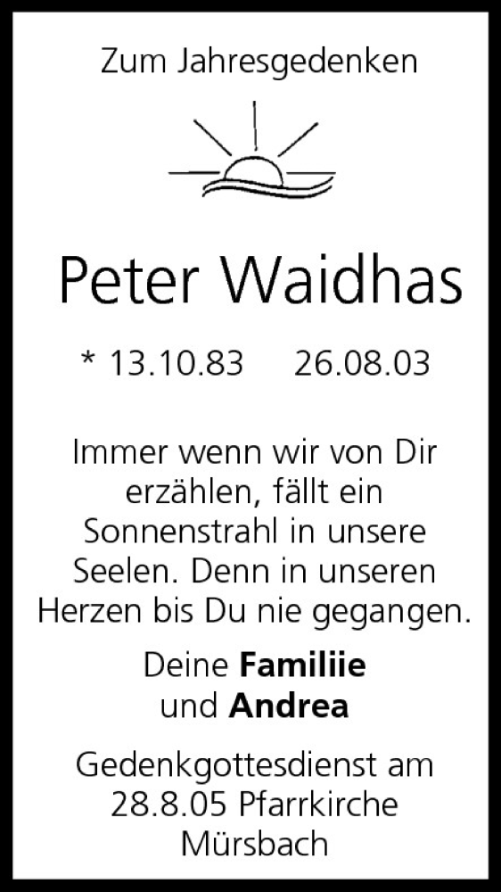  Traueranzeige für Peter Waidhas vom 26.08.2005 aus MGO