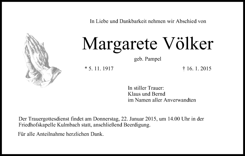  Traueranzeige für Margarete Völker vom 20.01.2015 aus MGO