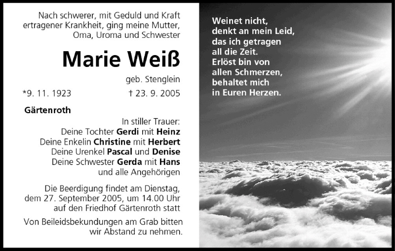  Traueranzeige für Marie Weiß vom 26.09.2005 aus MGO