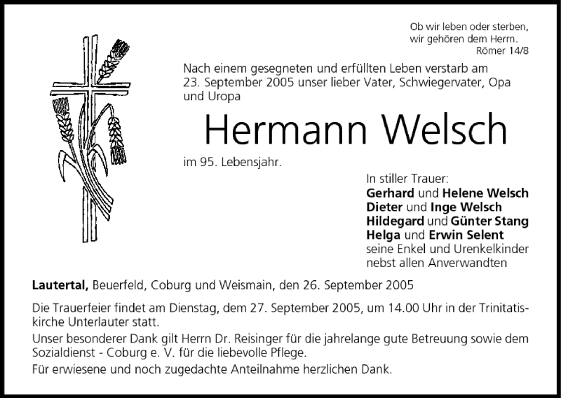  Traueranzeige für Hermann Welsch vom 26.09.2005 aus MGO