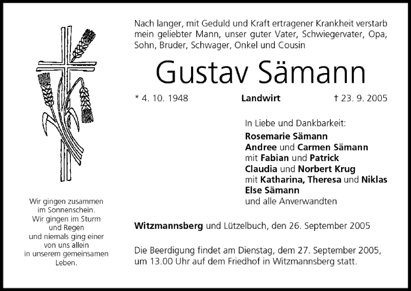  Traueranzeige für Gustav Sämann vom 26.09.2005 aus MGO