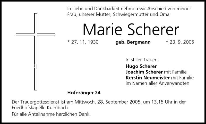  Traueranzeige für Marie Scherer vom 26.09.2005 aus MGO