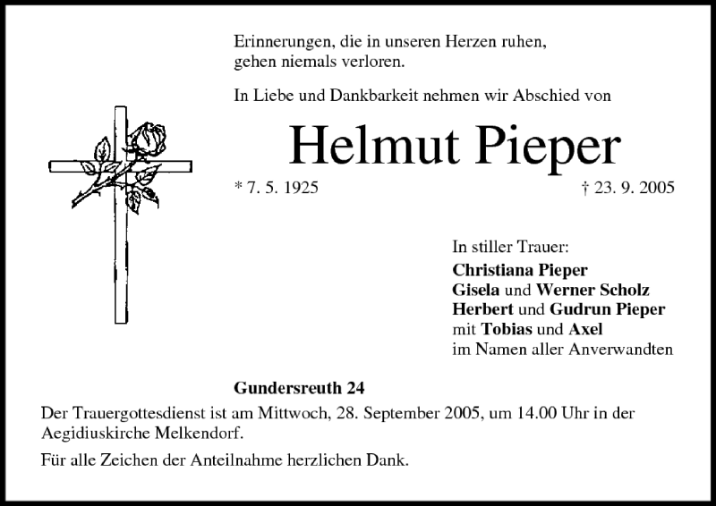  Traueranzeige für Helmut Pieper vom 26.09.2005 aus MGO