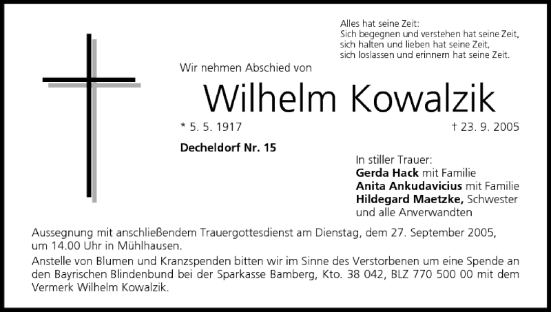  Traueranzeige für Wilhelm Kowalzik vom 26.09.2005 aus MGO