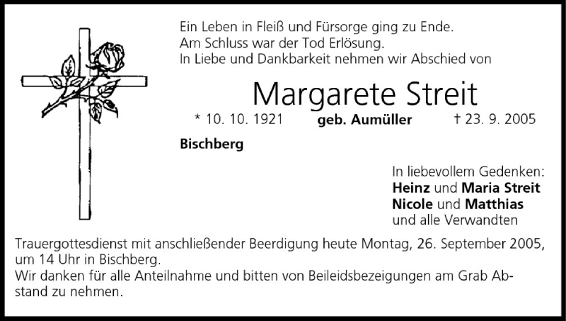  Traueranzeige für Margarete Streit vom 26.09.2005 aus MGO