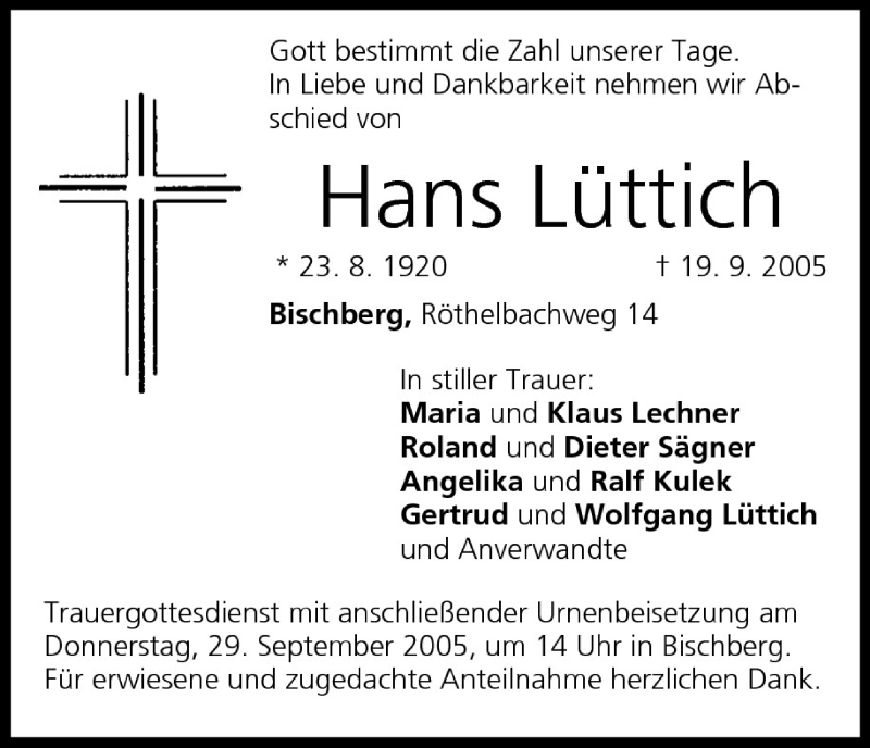  Traueranzeige für Hans Lüttich vom 27.09.2005 aus MGO