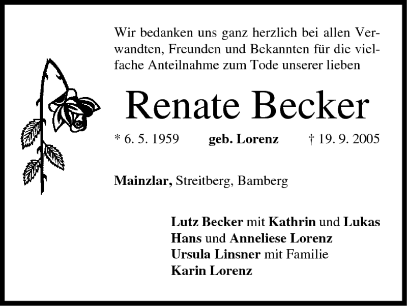  Traueranzeige für Renate Becker vom 08.10.2005 aus MGO