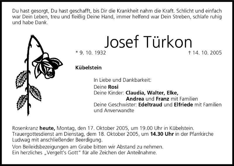  Traueranzeige für Josef Türkon vom 17.10.2005 aus MGO